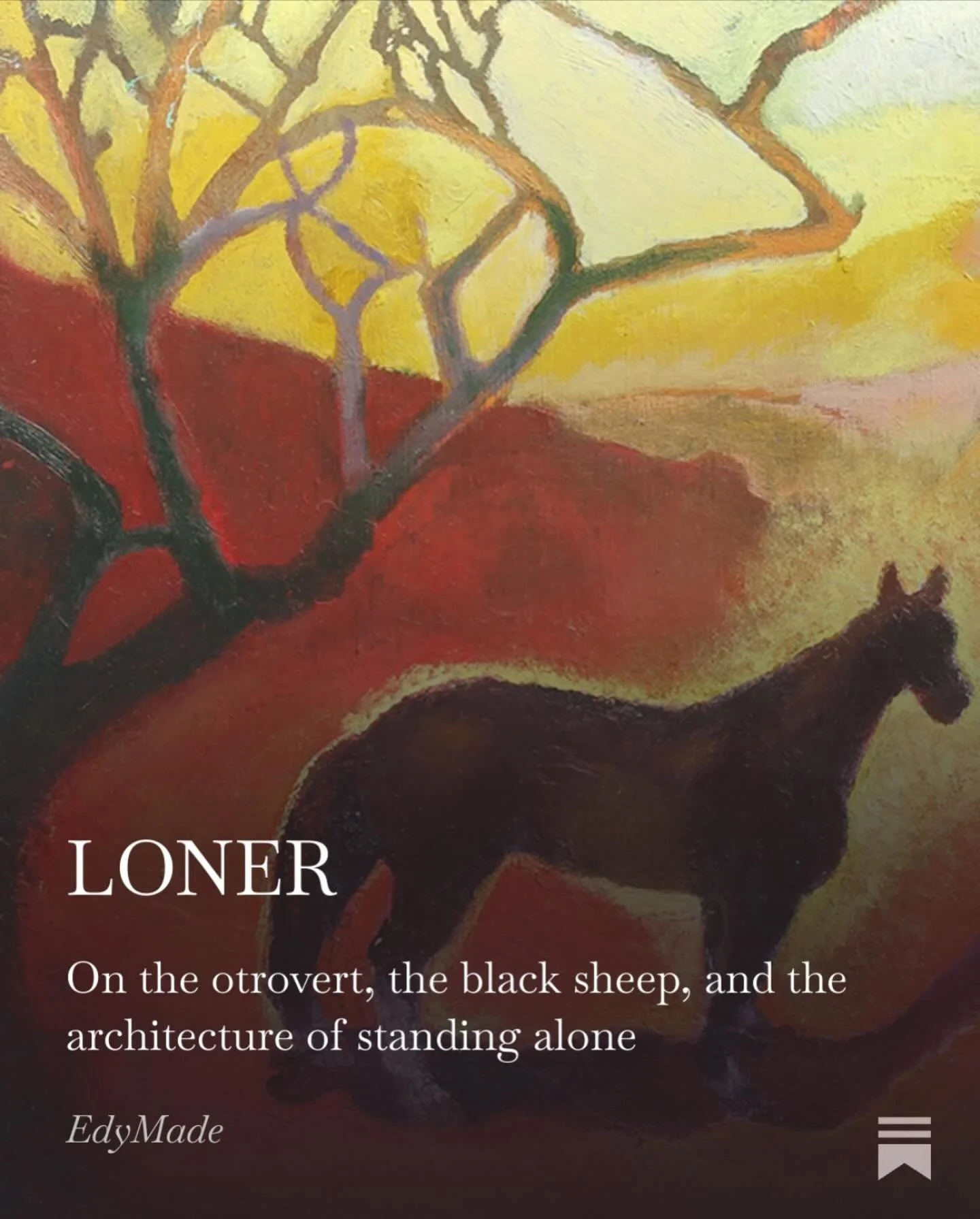 Maybe you&rsquo;re not a loner.
Maybe you&rsquo;re an otrovert.
Not introvert. Not extrovert. Different instrument.
This painting was ahead of me.
Essay live.
Link in bio.
#otrovert #blackSheep #authenticity #psychesloom #creativevoice
