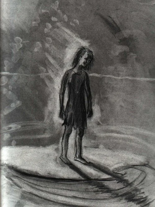 These images have lived with me for a long time.
Two charcoal illustrations from Thumbelina: one waking up to water in every direction&mdash;small, stunned, afloat in uncertainty. another leaning back, allowing motion&mdash;trusting momentum without 