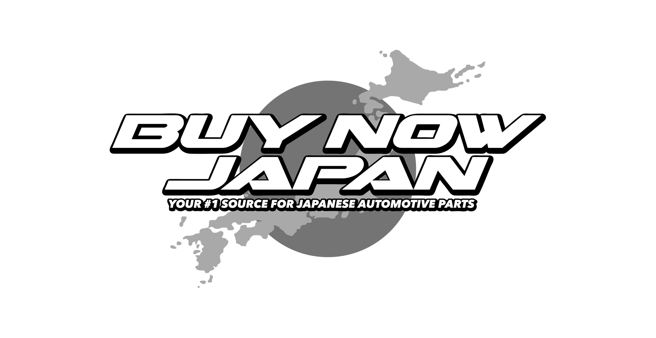 Black background with a grayscale outline map of Japan behind the bold white text 'BUY NOW JAPAN' and smaller white text 'Your #1 source for Japanese automotive parts'.