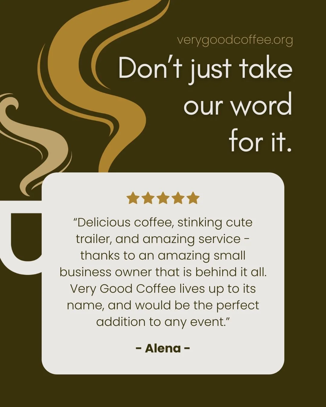Every piece of feedback helps fuel our mobile trailer and reinforce our mission to bring Very Good Coffee and genuine connection to Gwinnett.

To our incredible followers, old and new: We're ready to prove we earned those stars!

Your support ensures