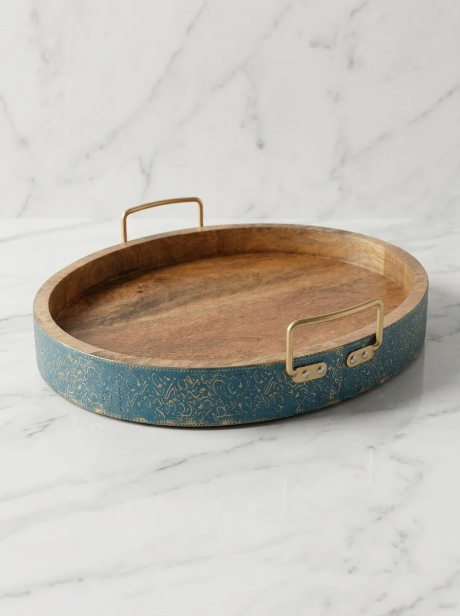 Blue Round Wooden & Metal Tray