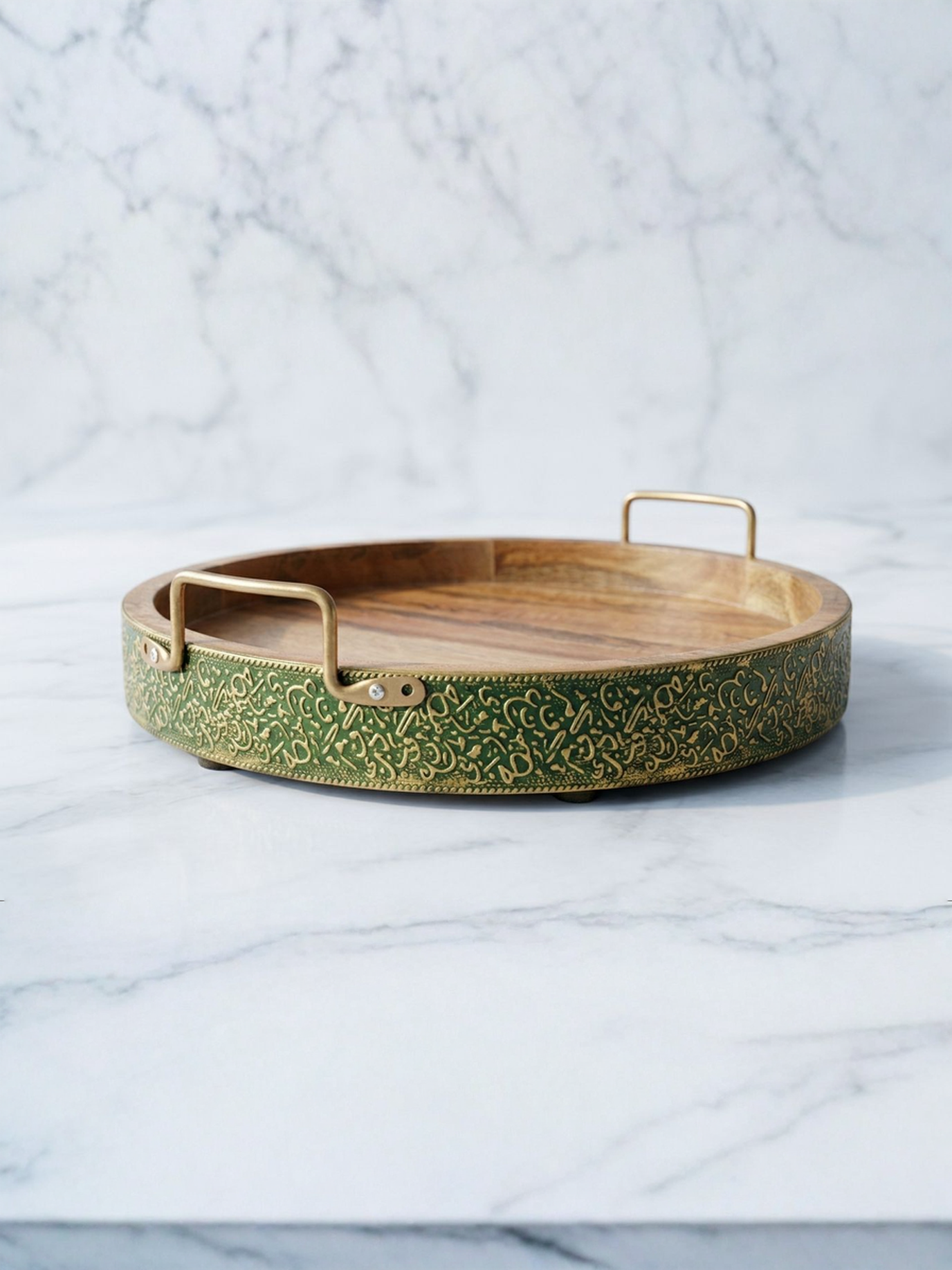 Green Wooden & Metal Tray