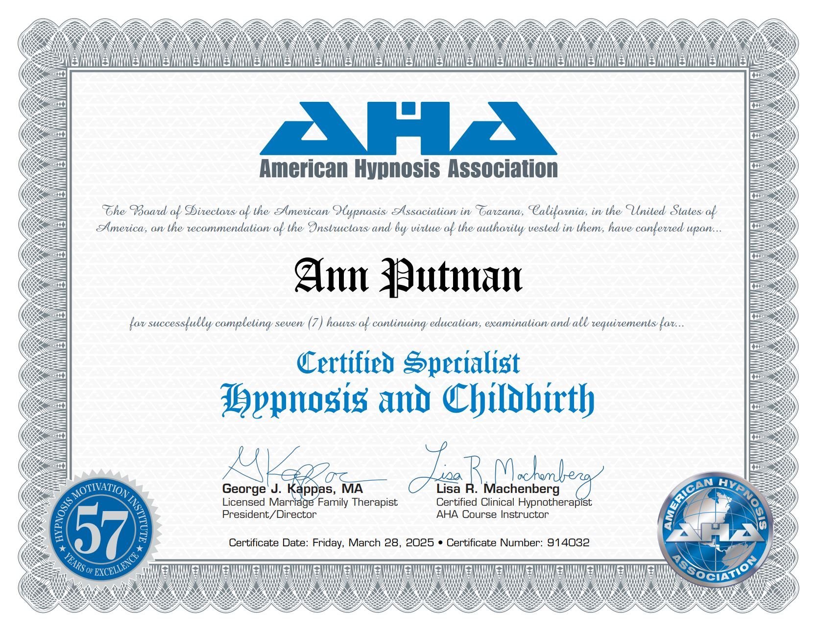 Certificate from the American Hypnosis Association awarded to Ann Putman for completing seven hours of hypnotism and childbirth training, dated March 28, 2025.