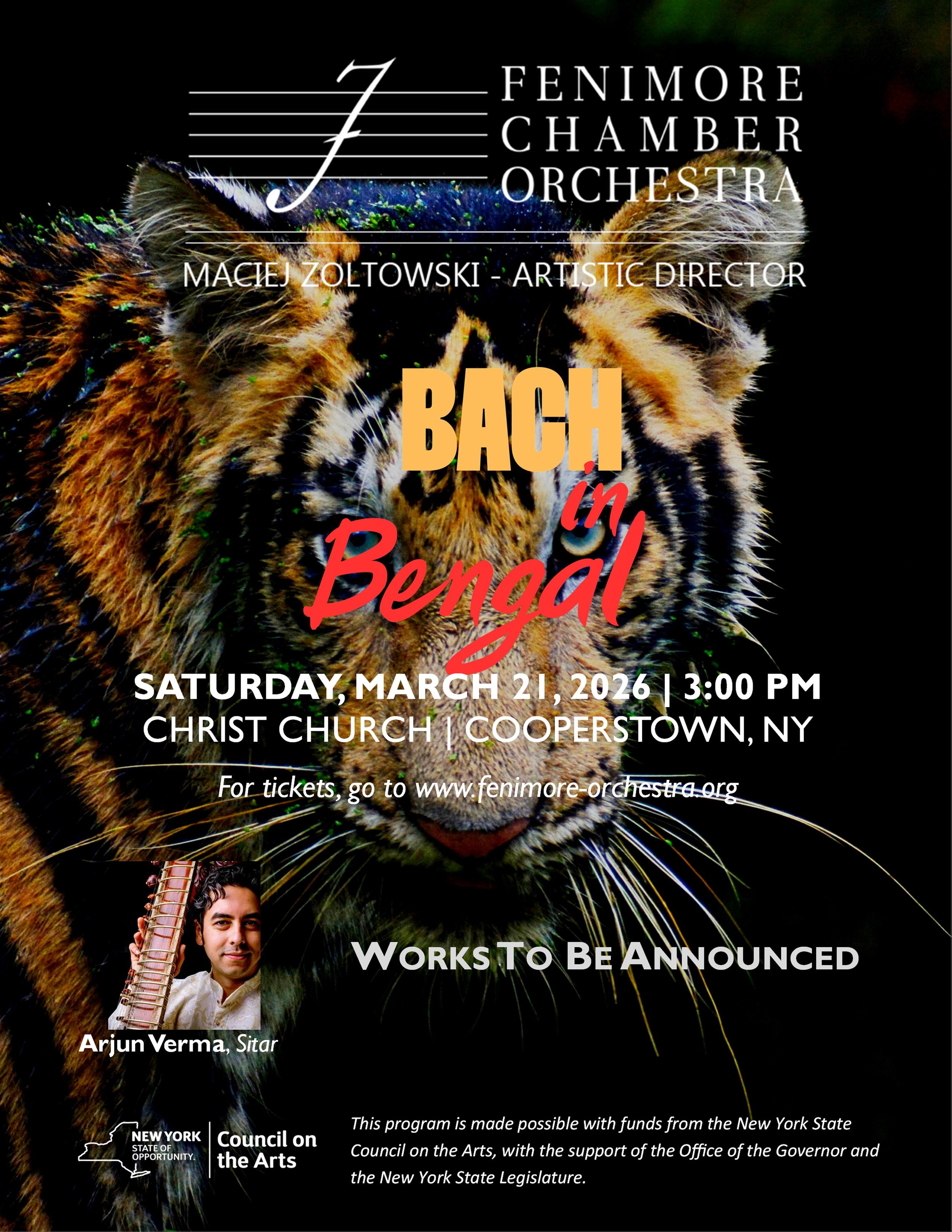 Poster for a concert by the Fenimore Chamber Orchestra featuring works by Bach in Bengal, scheduled for March 14, 2026, at 2:00 PM at Christ Church in Cooperstown, NY, conducted by Maciej Zoltowski with a guest artist, Arjun Verman, Sitar. The background shows an illustration of musicians in a concert hall.
