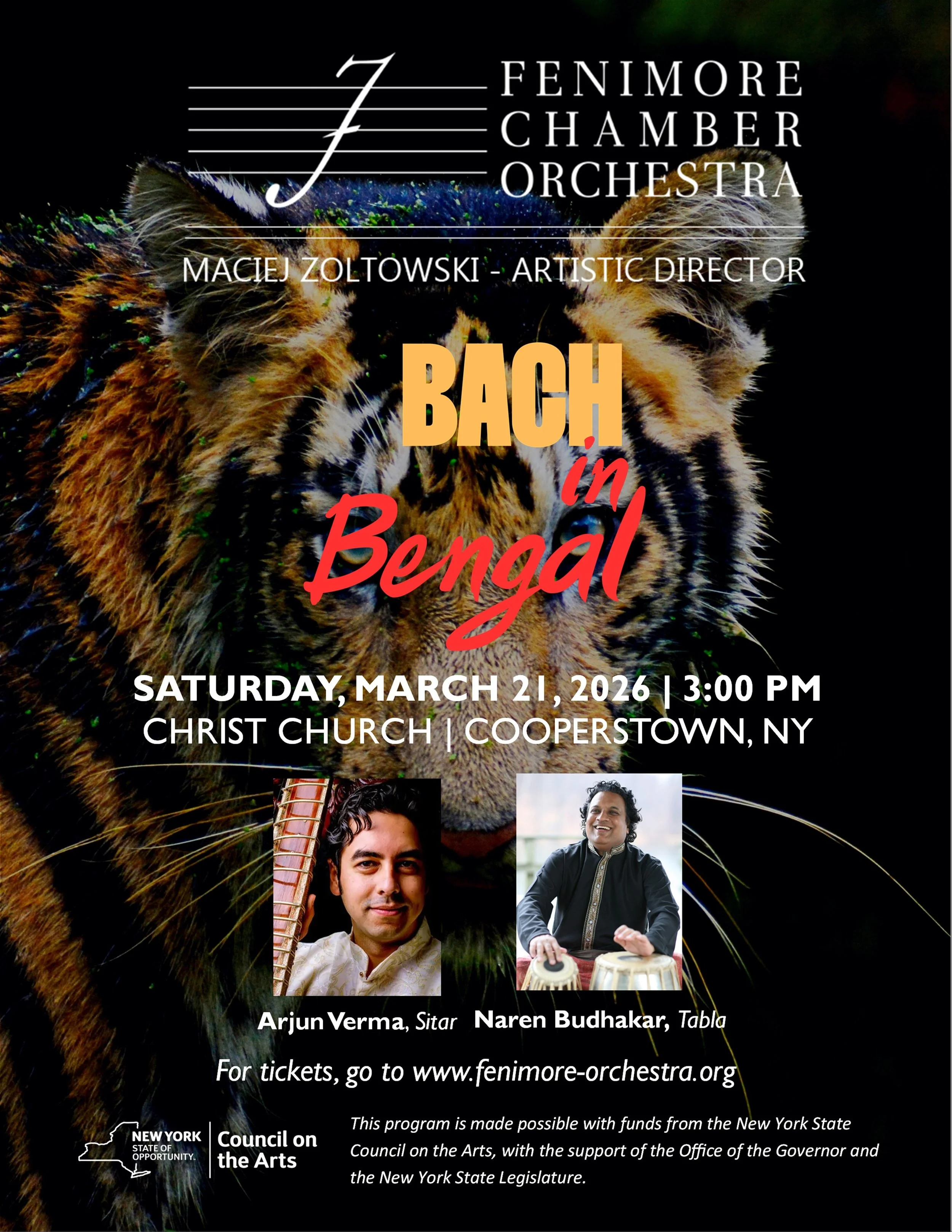 Poster for a concert by the Fenimore Chamber Orchestra featuring works by Bach in Bengal, scheduled for March 14, 2026, at 2:00 PM at Christ Church in Cooperstown, NY, conducted by Maciej Zoltowski with a guest artist, Arjun Verman, Sitar. The background shows an illustration of musicians in a concert hall.