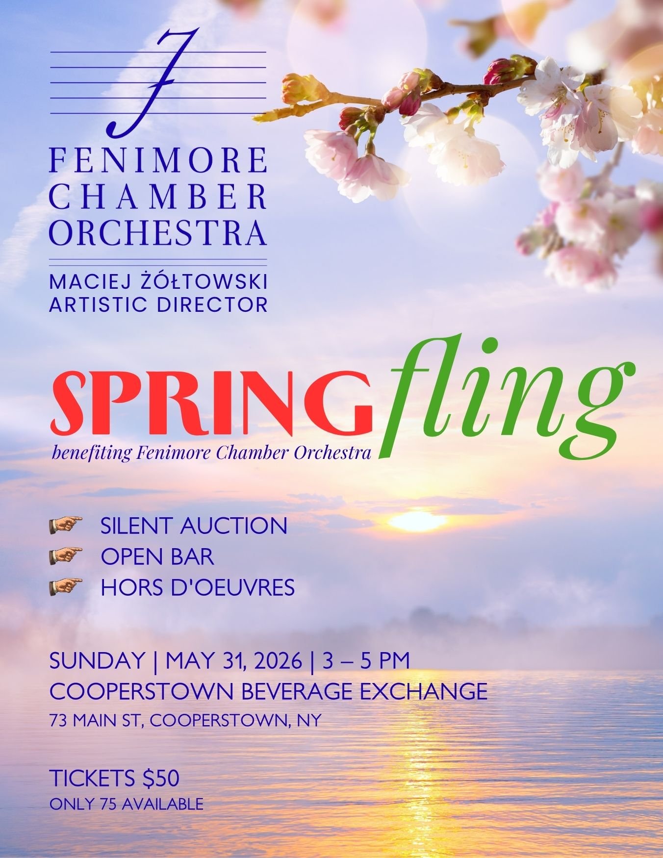 Spring Fling benefiting Fenimore Chamber Orchestra; Silent Auction, Open Bar, Hors d'oeuvres; Sunday, May 31, 2026, 3-5 PM; at Cooperstown Beverage Exchange