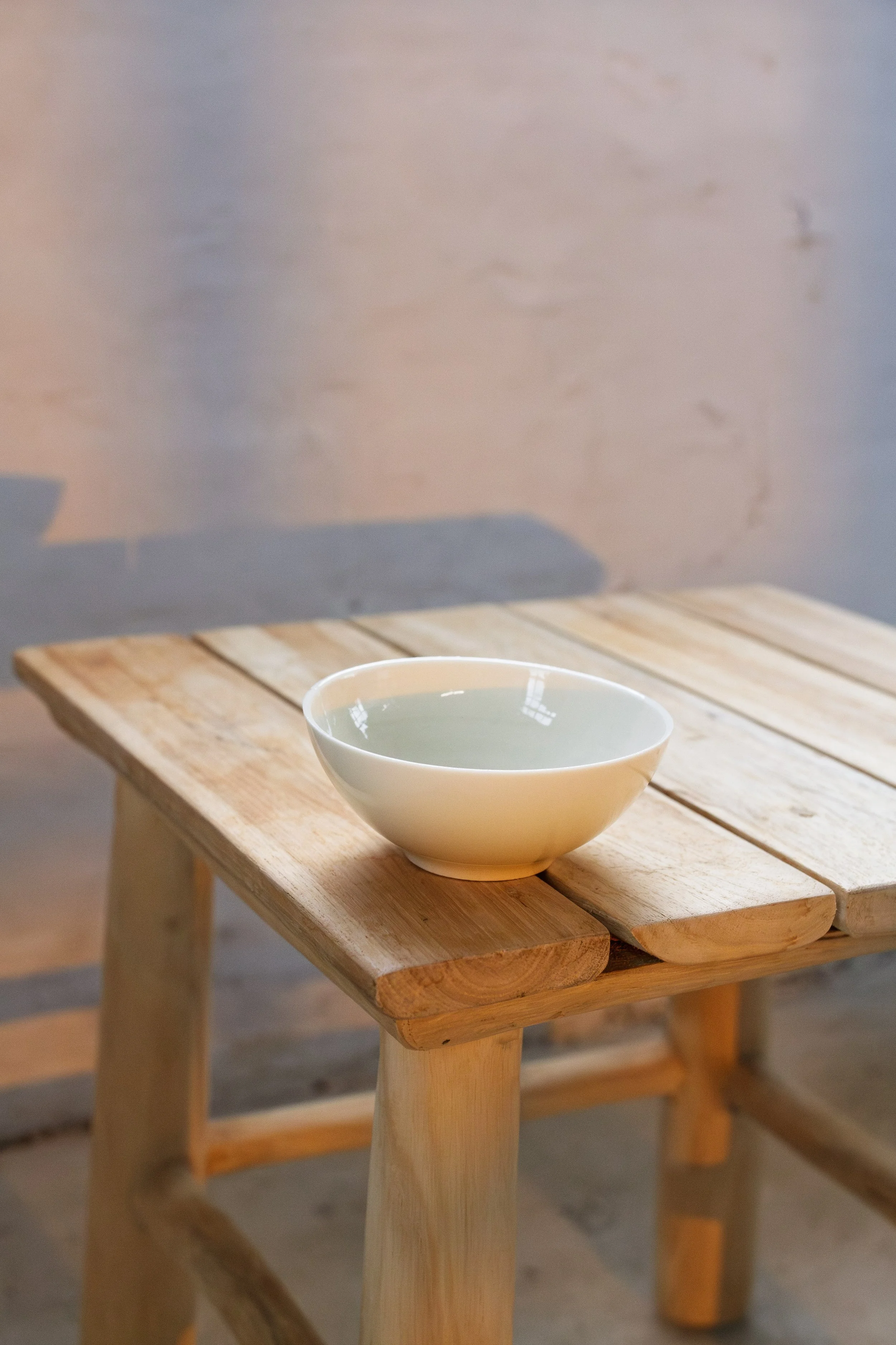 handmade porcelain trinket dish in creamy light pink pearl glaze made in stockport, manchester