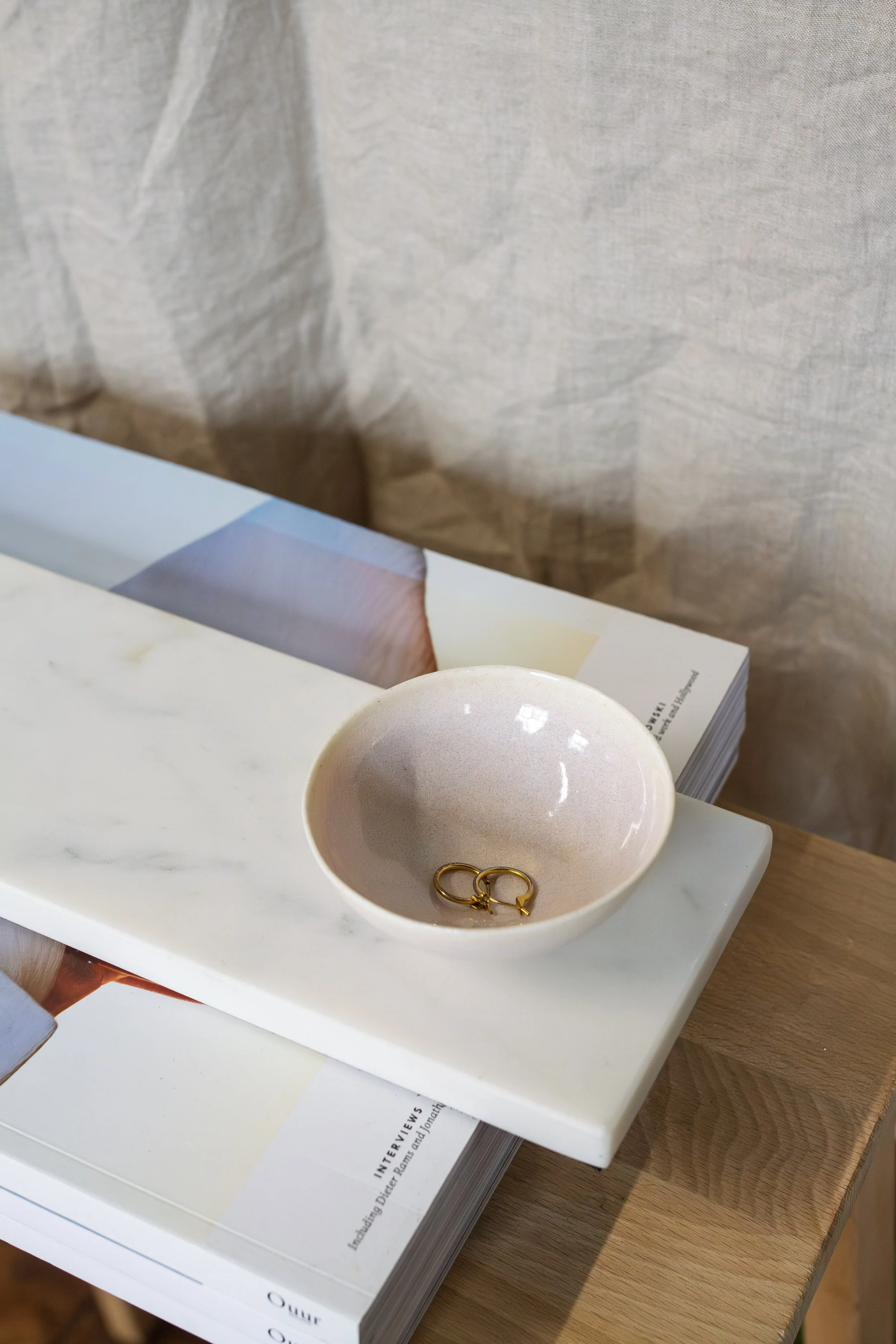 handmade porcelain trinket dish in pastel pale purple glaze made in stockport, manchester