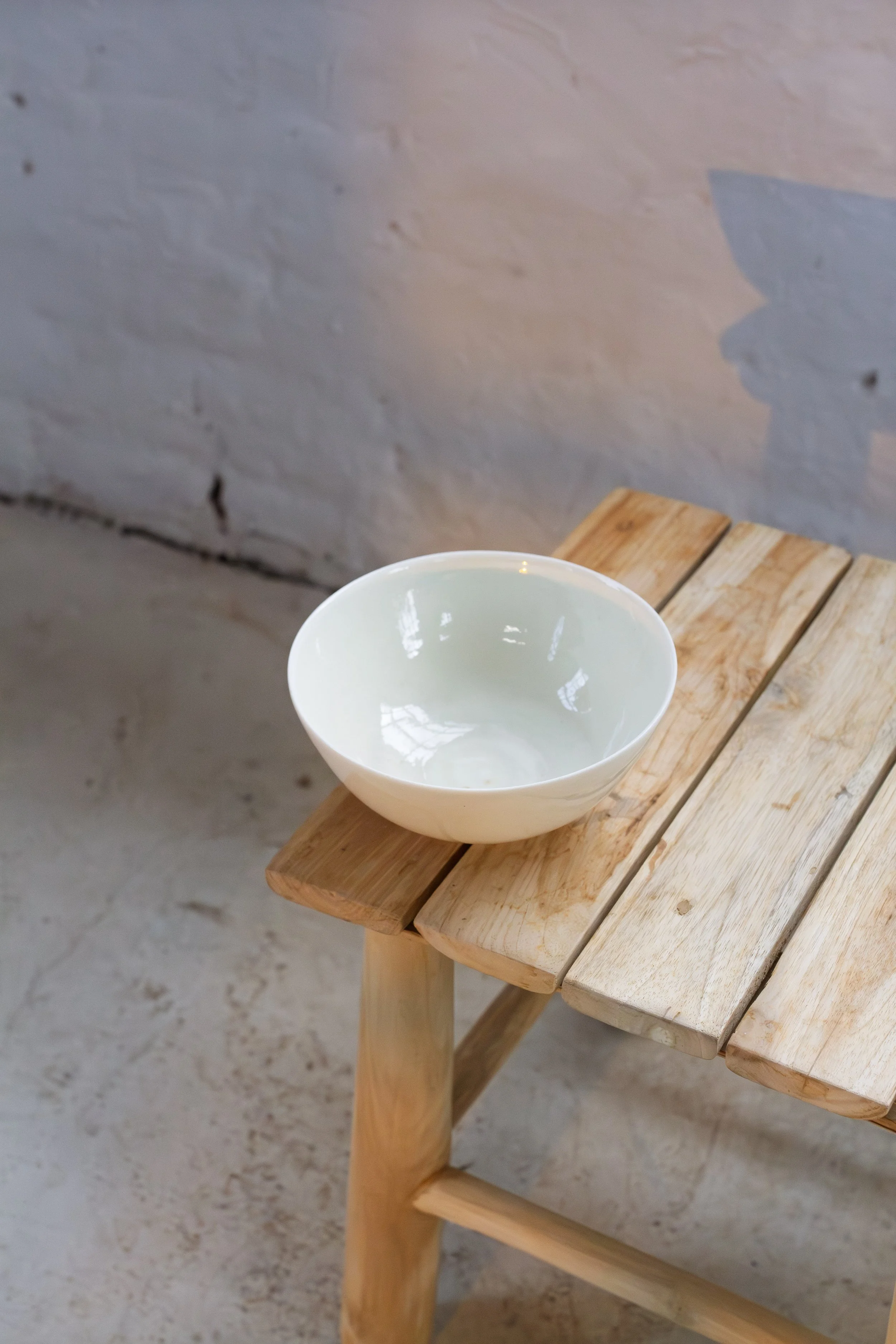 handmade porcelain cereal bowl in pinkish creamy white in stockport, manchester