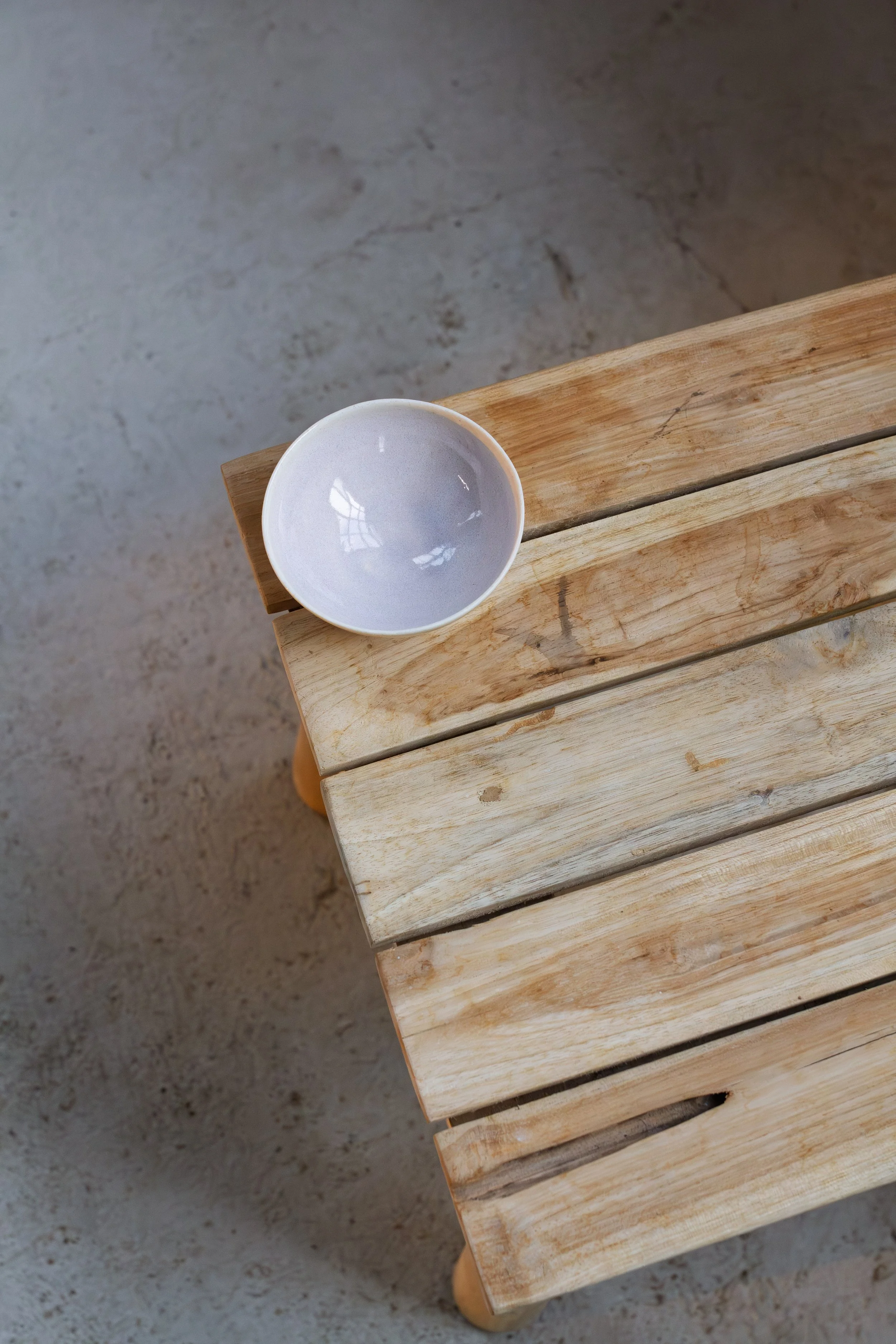 handmade porcelain trinket dish in lilac opal glaze made in stockport, manchester