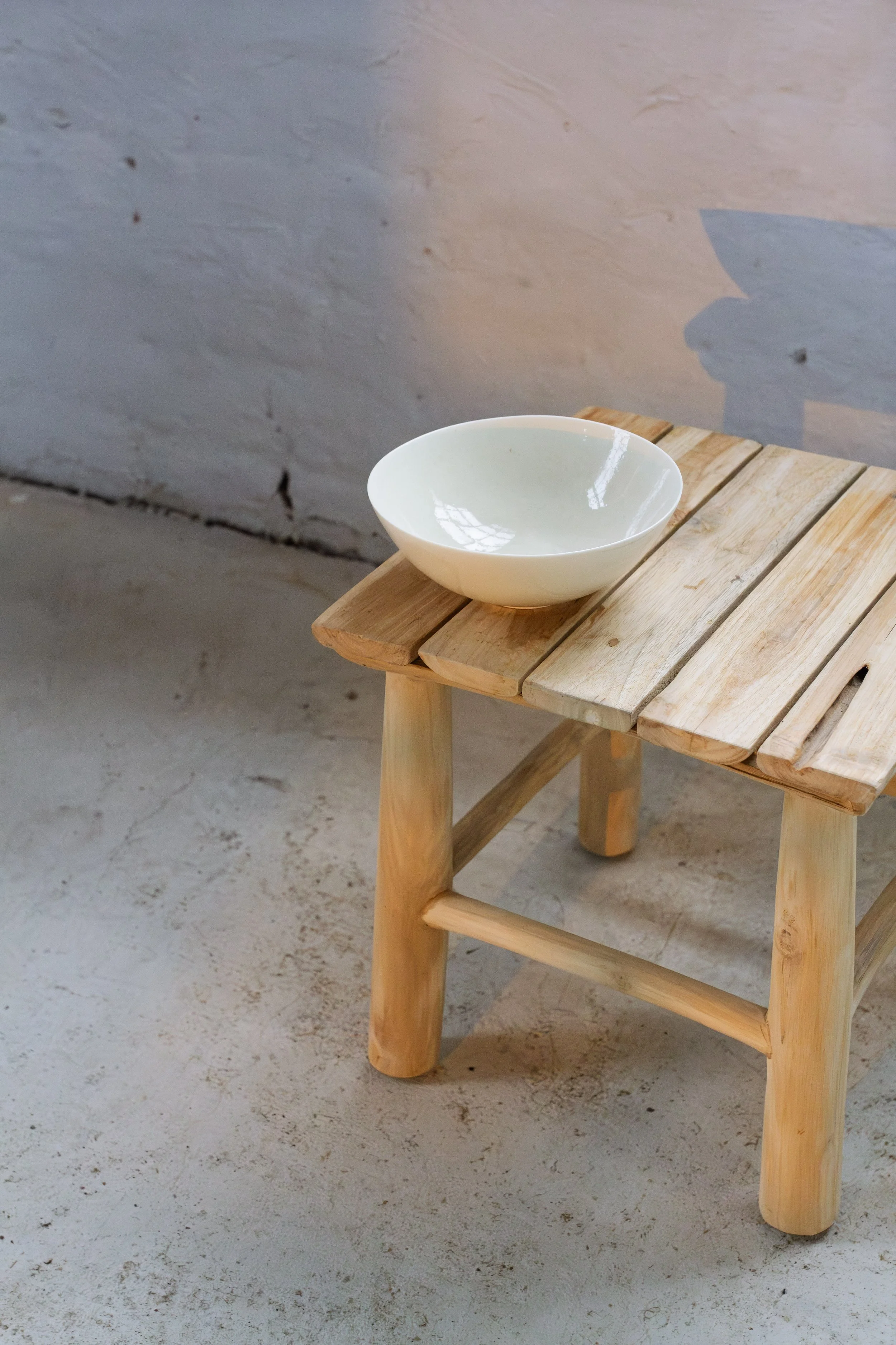 handmade porcelain wide low pasta bowl in light pink white glaze