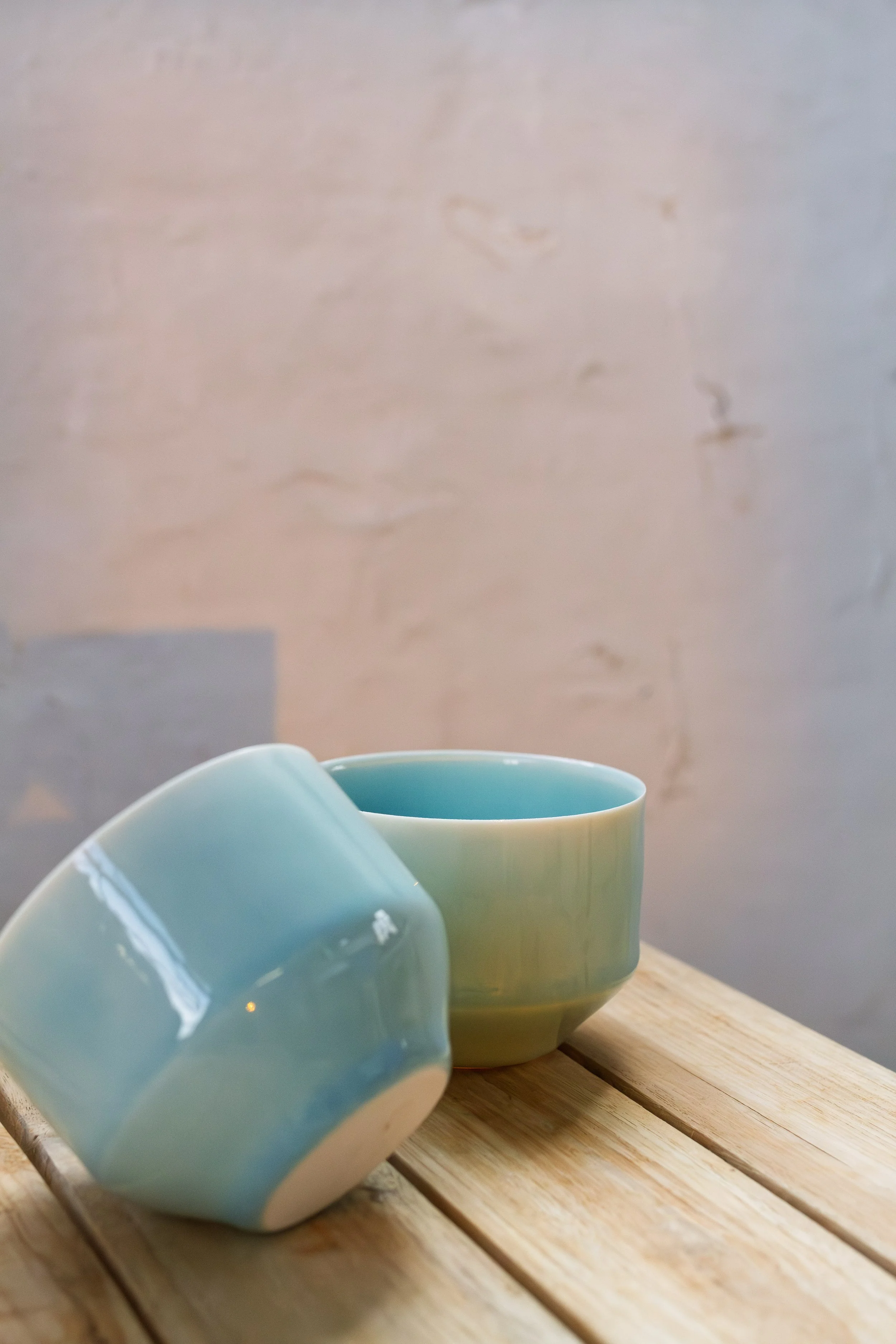 handmade porcelain coffee cup yunomi in green blue glaze