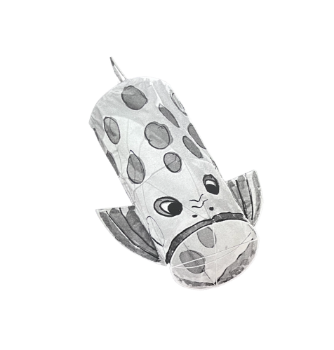 Balloon in the shape of a fish with a cartoon face and spots, featuring a straw on top.