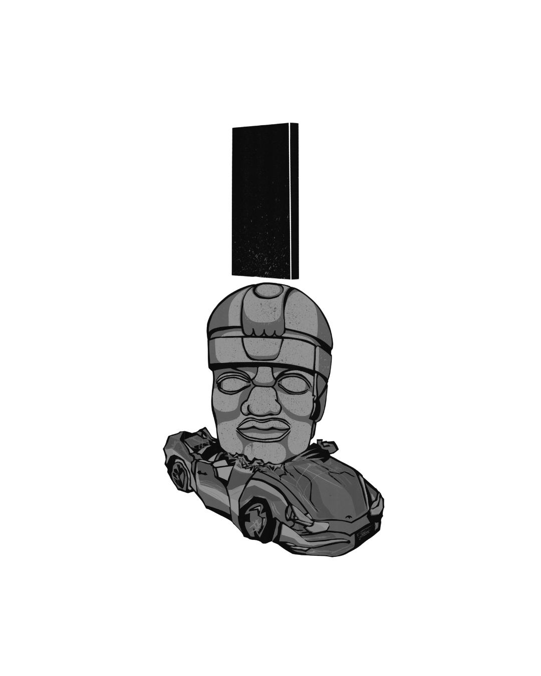 A silkscreen print inspired by a sculptural installation in Mexico City of an Olmec Head stone crushing a Tesla car. Above them hovers the black rectangular monolith from the filme 2001: A Space Odyssey.