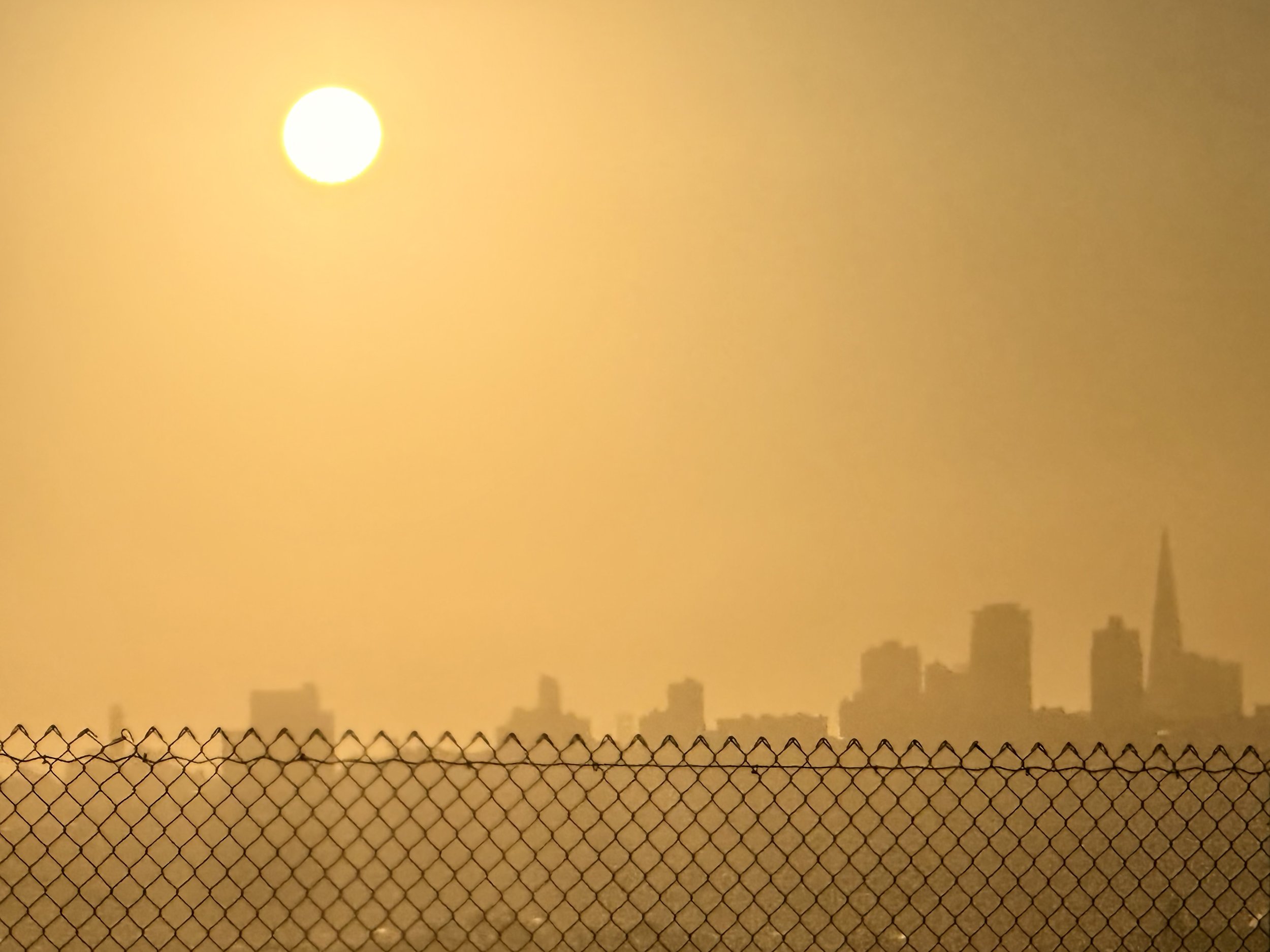 Silhouette of a city skyline behind a chain-link fence with an orange sky and sun.