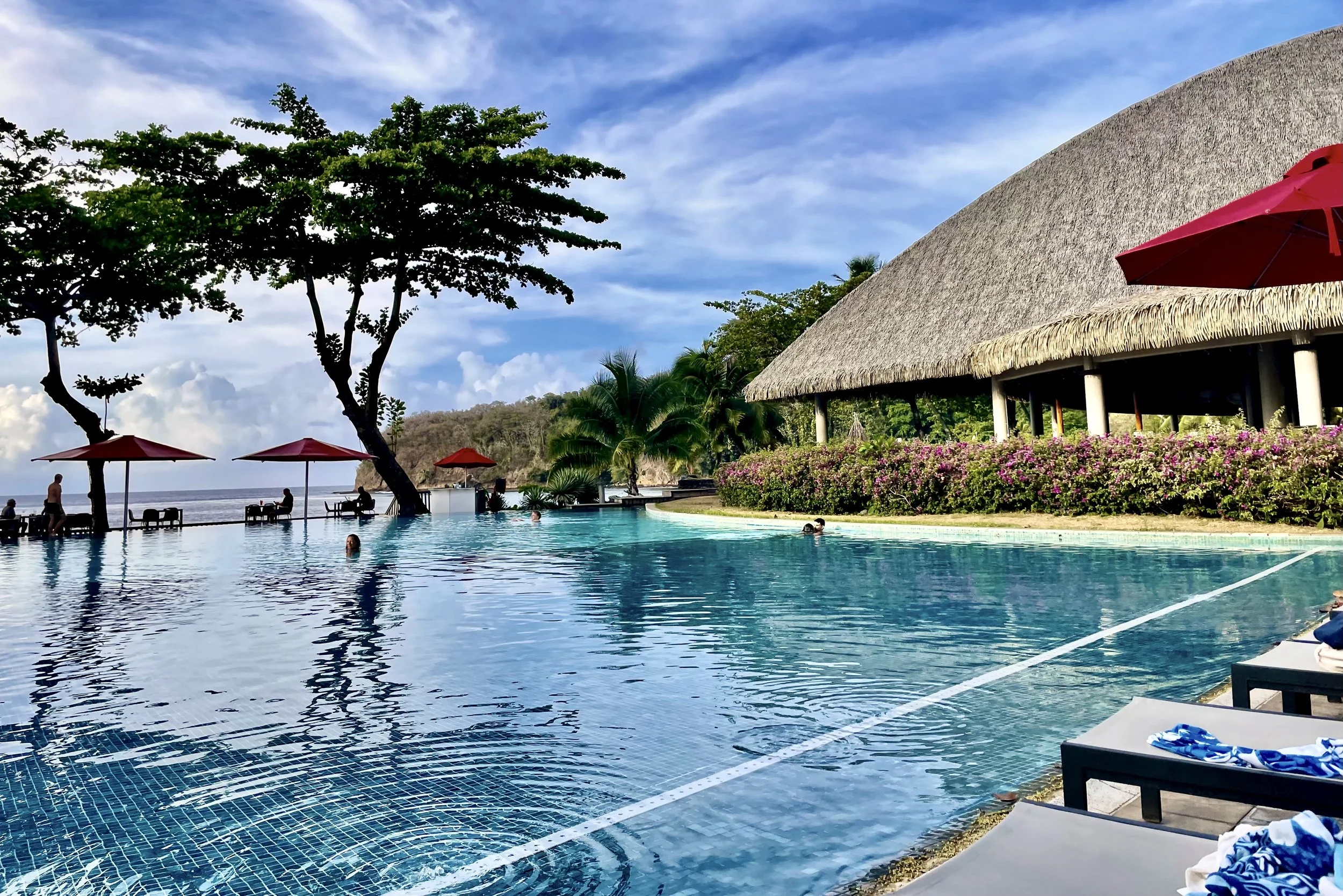 Infinity pool at a tropical resort with a thatched-roof building, trees, and red umbrellas, overlooking the ocean on a sunny day.