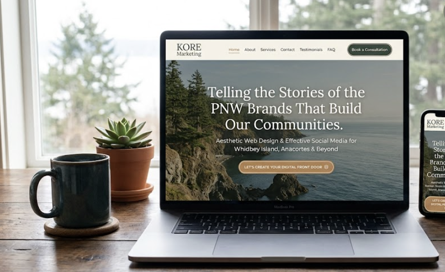 A laptop on a wooden desk displaying a website for KORE Marketing with the headline "Telling the Stories of the PNW Brands That Build Our Communities." next to a potted succulent, a coffee mug, and a smartphone, with a window showing trees outside in the background.
