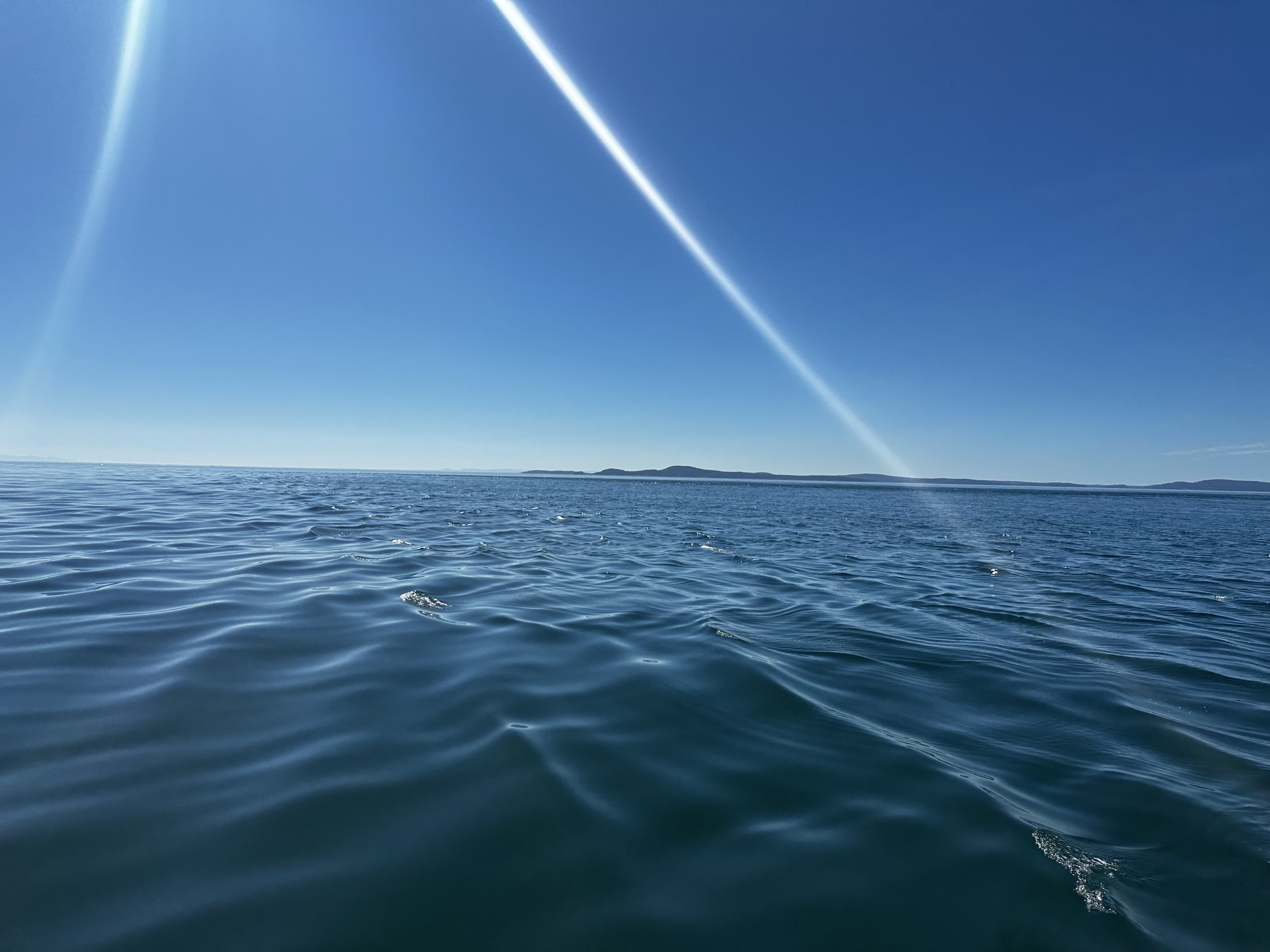 Calm ocean water with slight ripples and a distant landmass on the horizon under a clear blue sky. Bright sunlight creates lens flares in the top corners.