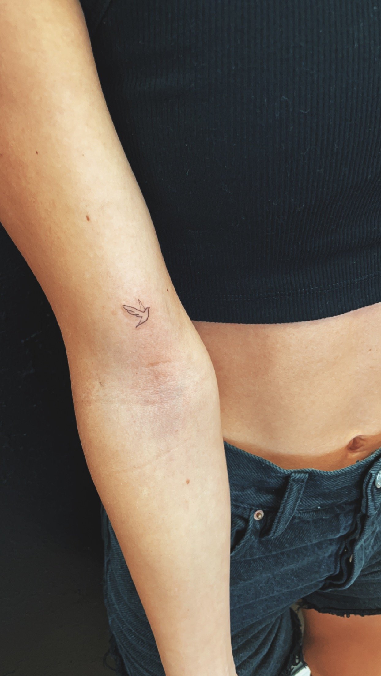 Person's forearm with a small bird tattoo near the elbow, wearing a black cropped top and dark pants.