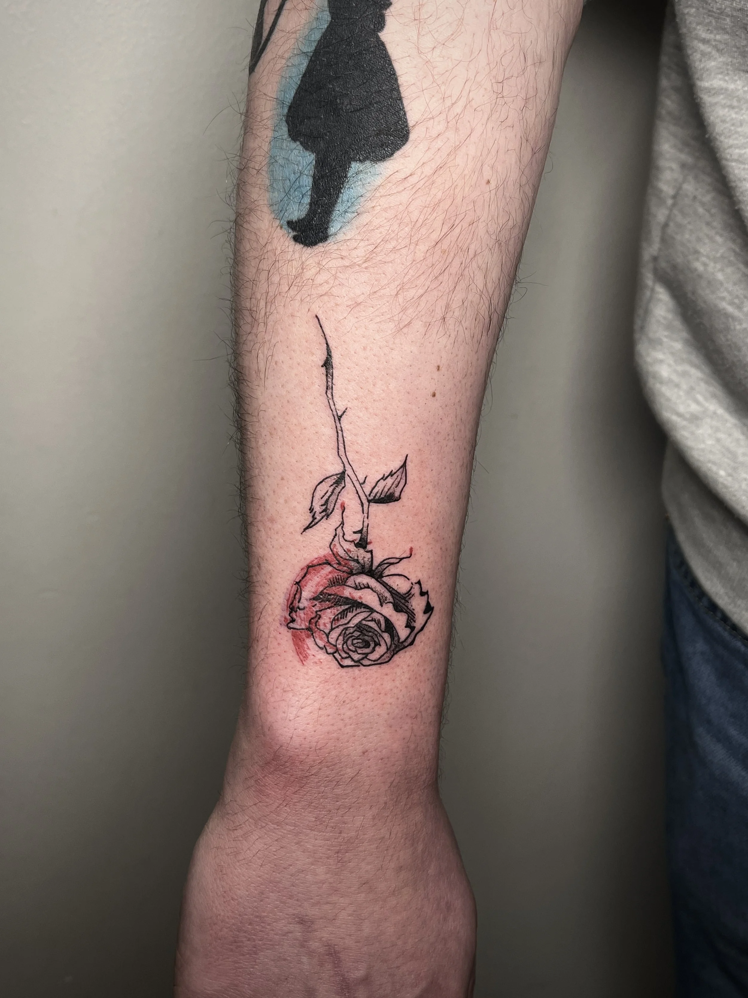 Tattoo of a sketched rose with a red paint-swatch crossing through.