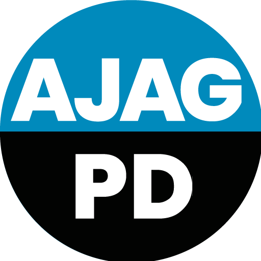 Logo with blue and black semicircles and white text reading 'AJAG PD'.