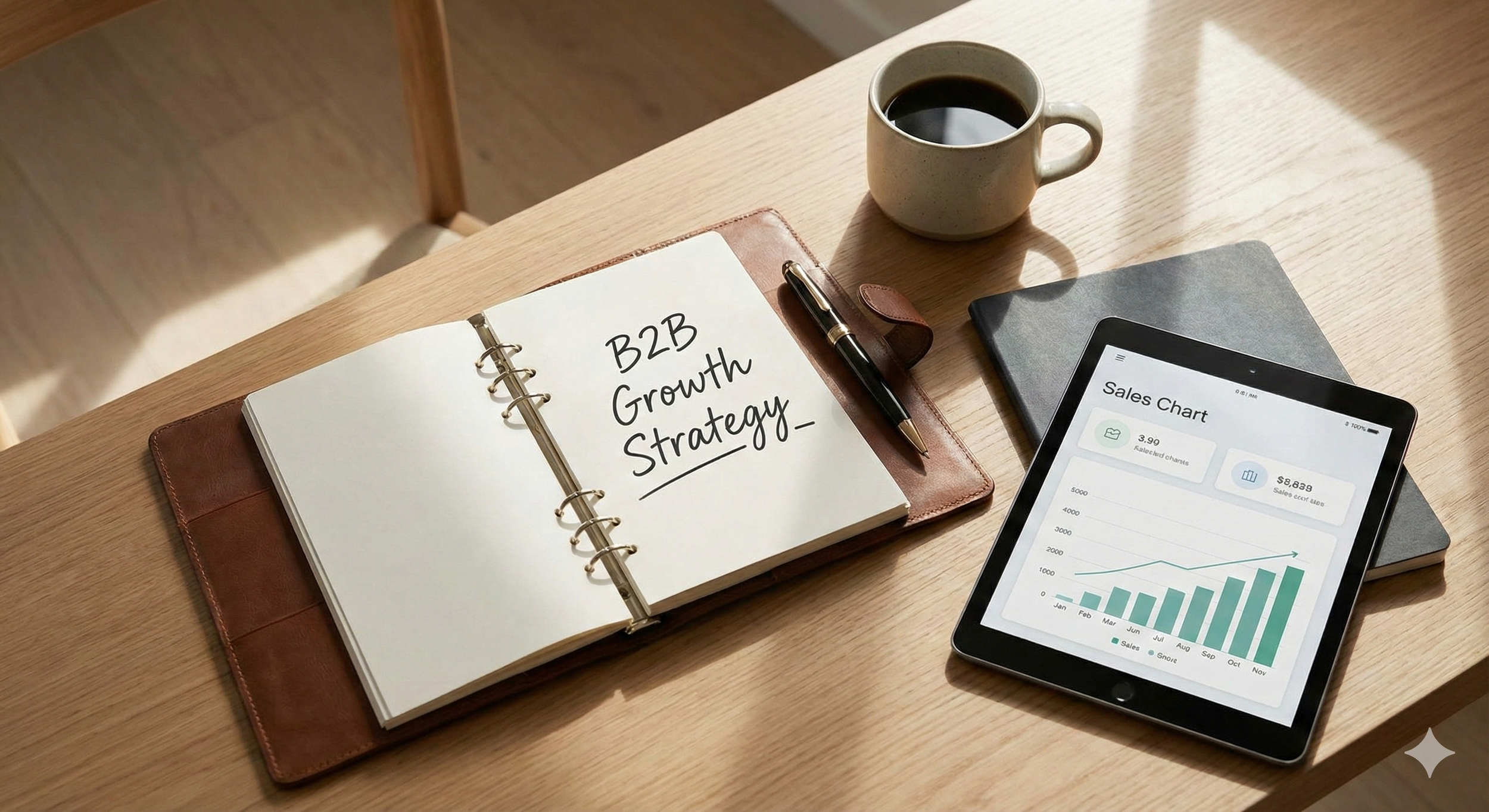 Coffee on a table next to a chart and agenda that says B2B Growth Strategy
