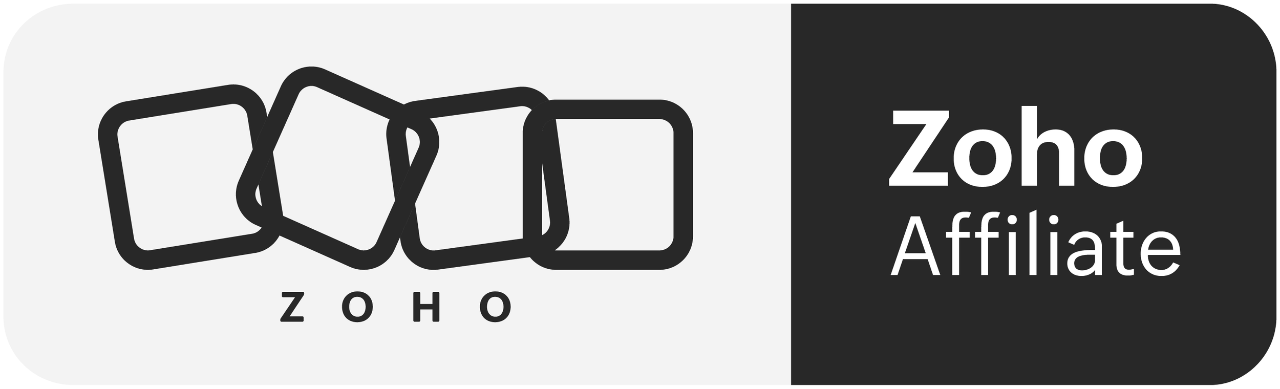 Zoho Affiliate logo with black outlines of four squares and the words 'Zoho Affiliate' on a split black and gray background.