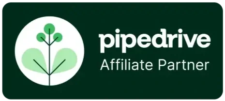 Pipedrive Affiliate Partner logo with a green plant icon and white text on a dark green background.