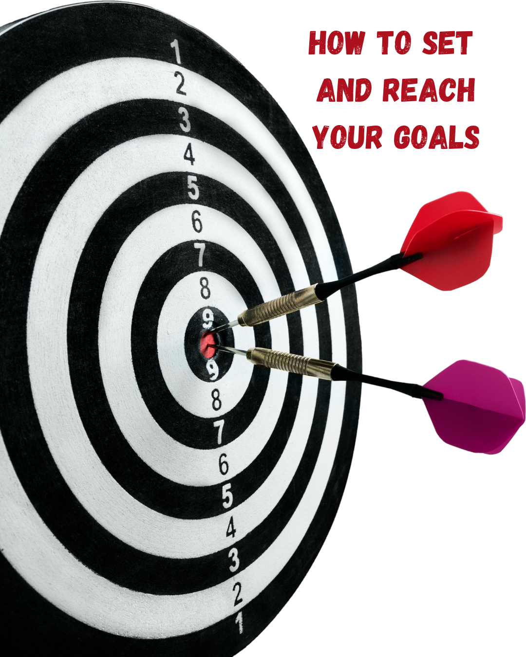 Dartboard with two darts hitting the bullseye and the number 9, with red and purple darts. Text in red says 'How to set and reach your goals'.