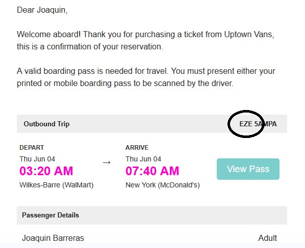 Screenshot of a bus ticket reservation confirmation. It includes the outbound trip details from Wilkes-Barre to New York, with departure at 3:20 AM and arrival at 7:40 AM. The passenger is Joaquin Barreras, an adult. A boarding pass barcode or code, 'EZE 5A', is circled in black, and there's a blue