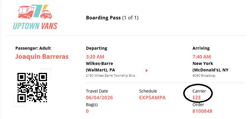 Bus boarding pass showing passenger name Joaquin Barreras, departing at 3:20 AM from Wilkes-Barre, PA, arriving at 7:40 AM in New York, NY. Date 06/04/2026, travel carrier EZE, with order number 8100848.