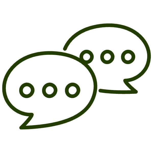 Two overlapping speech bubbles with three dots each, indicating conversation, on a black background. Text reads 'Plain English' at the bottom.