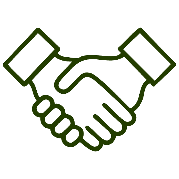 Outlined image of a hand-shaking gesture with the words "No Upsells" below