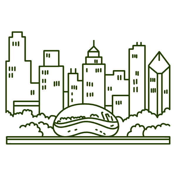 Outline illustration of a city skyline with high-rise buildings, trees, and a large loaf of bread in front, with the caption 'We are local'.