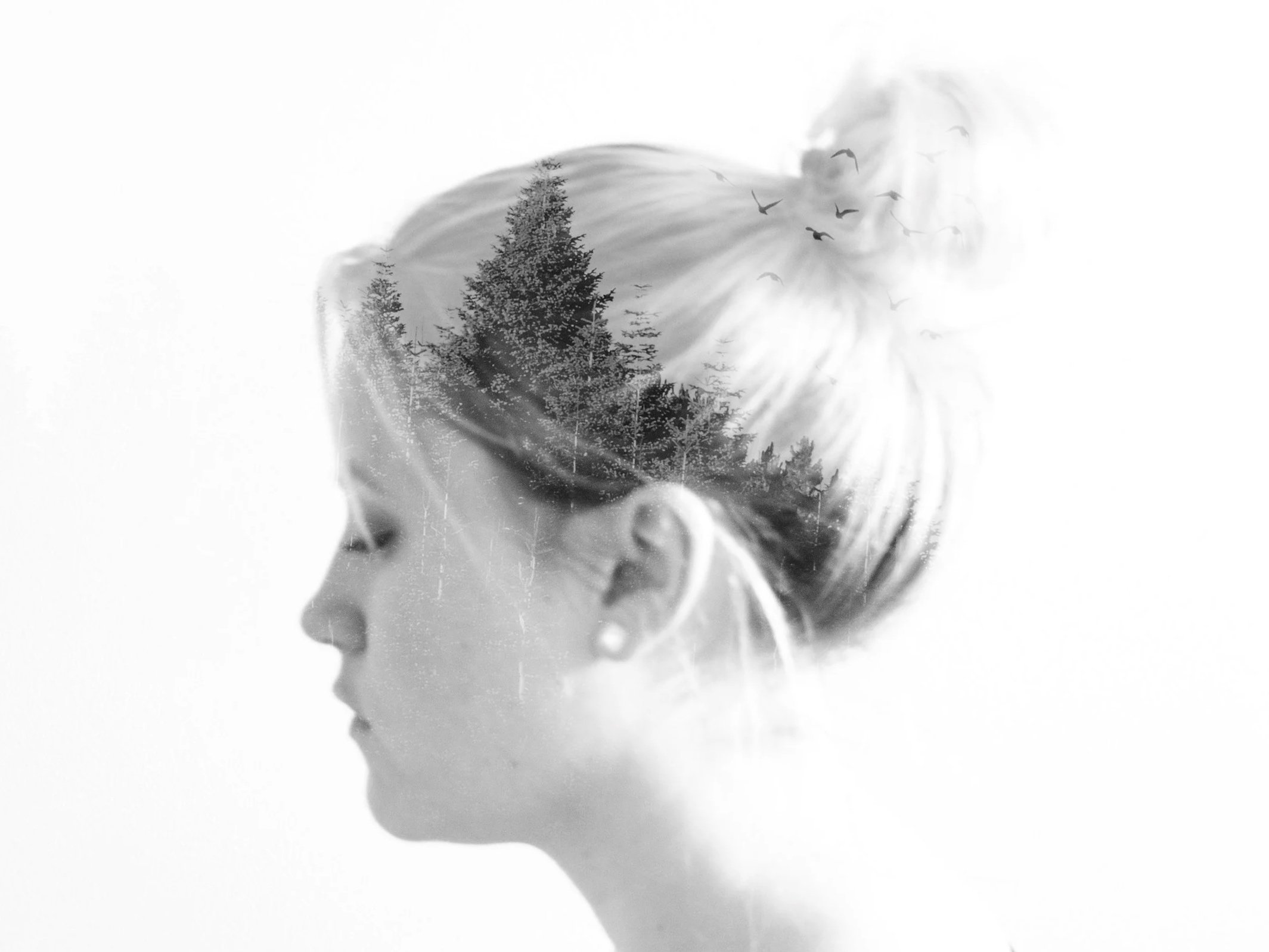 Profile of a young woman with a forest and birds blended into her hair.