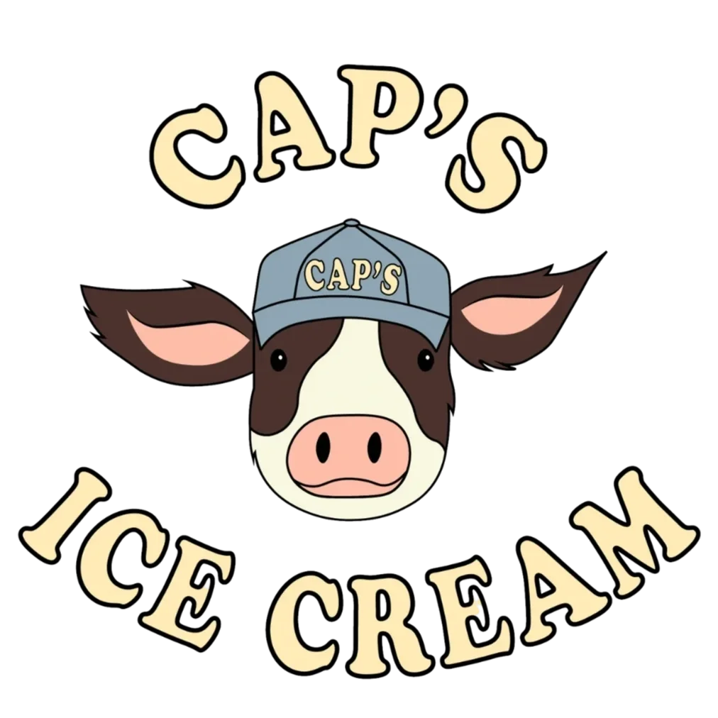 illustration of a cow wearing a hat with the words Cap's Ice Cream