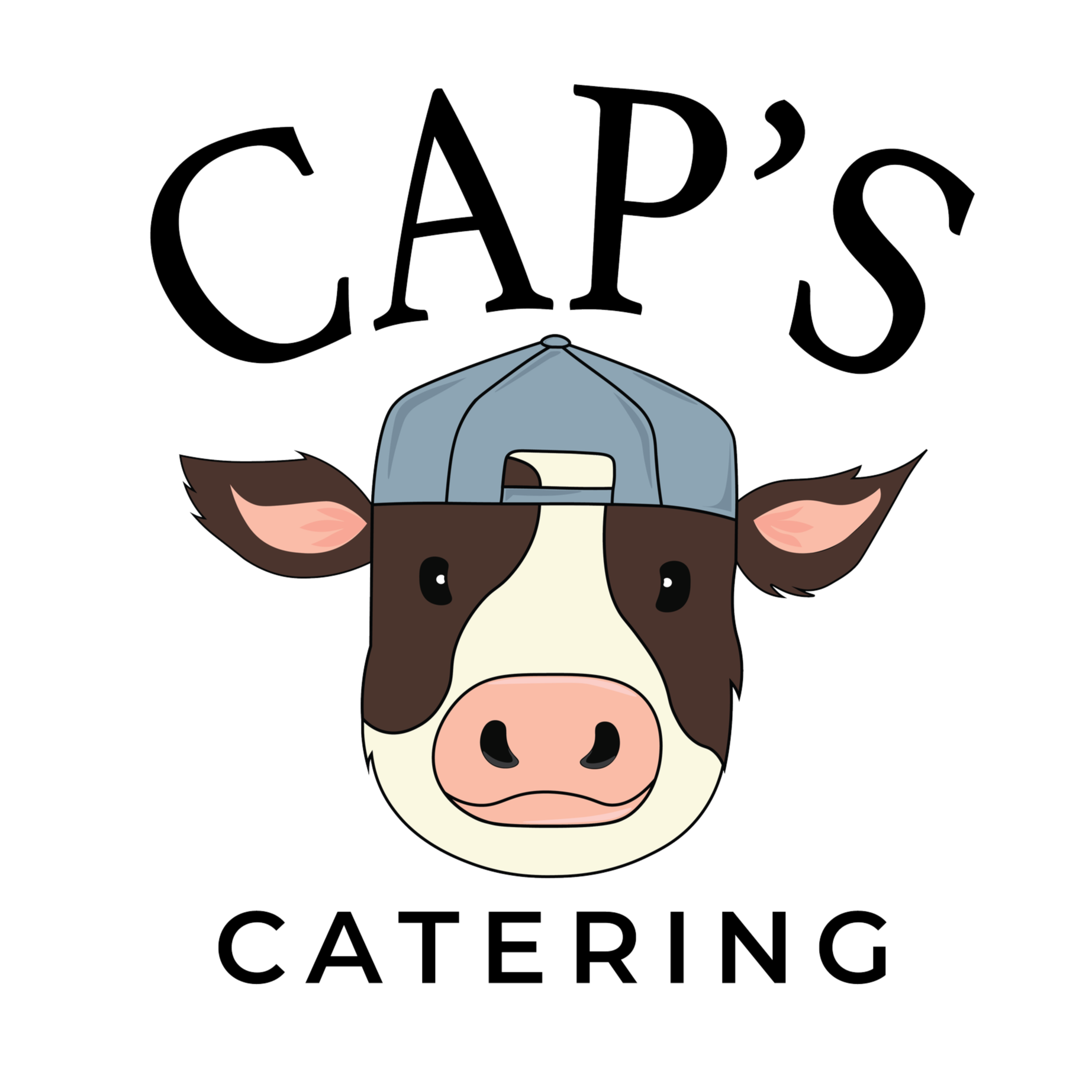 Cartoon cow wearing a backwards baseball cap with the words 'CAPS' above its head and 'CATERING' below.
