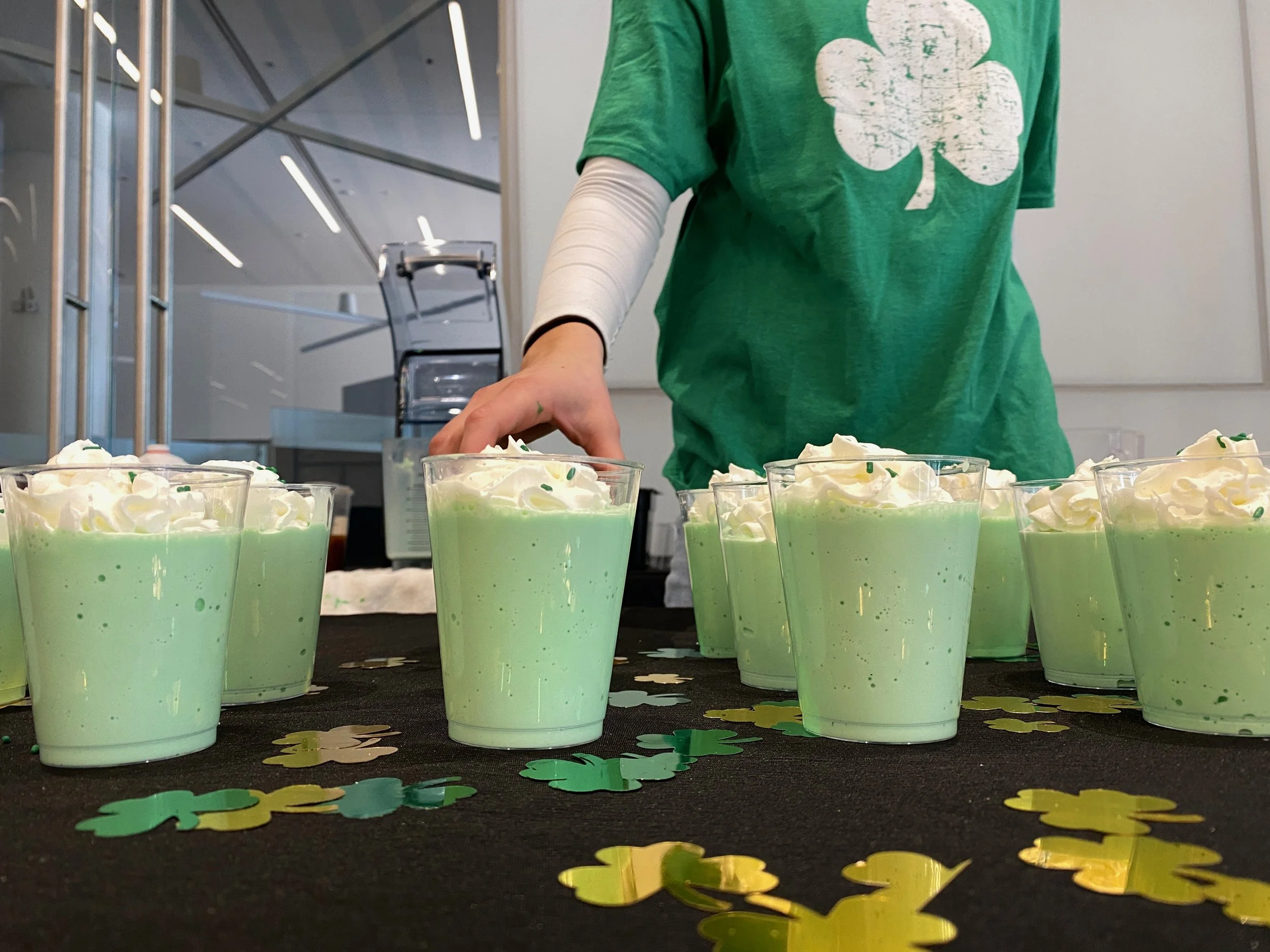 minty green shamrock milkshakes topped with whipped cream