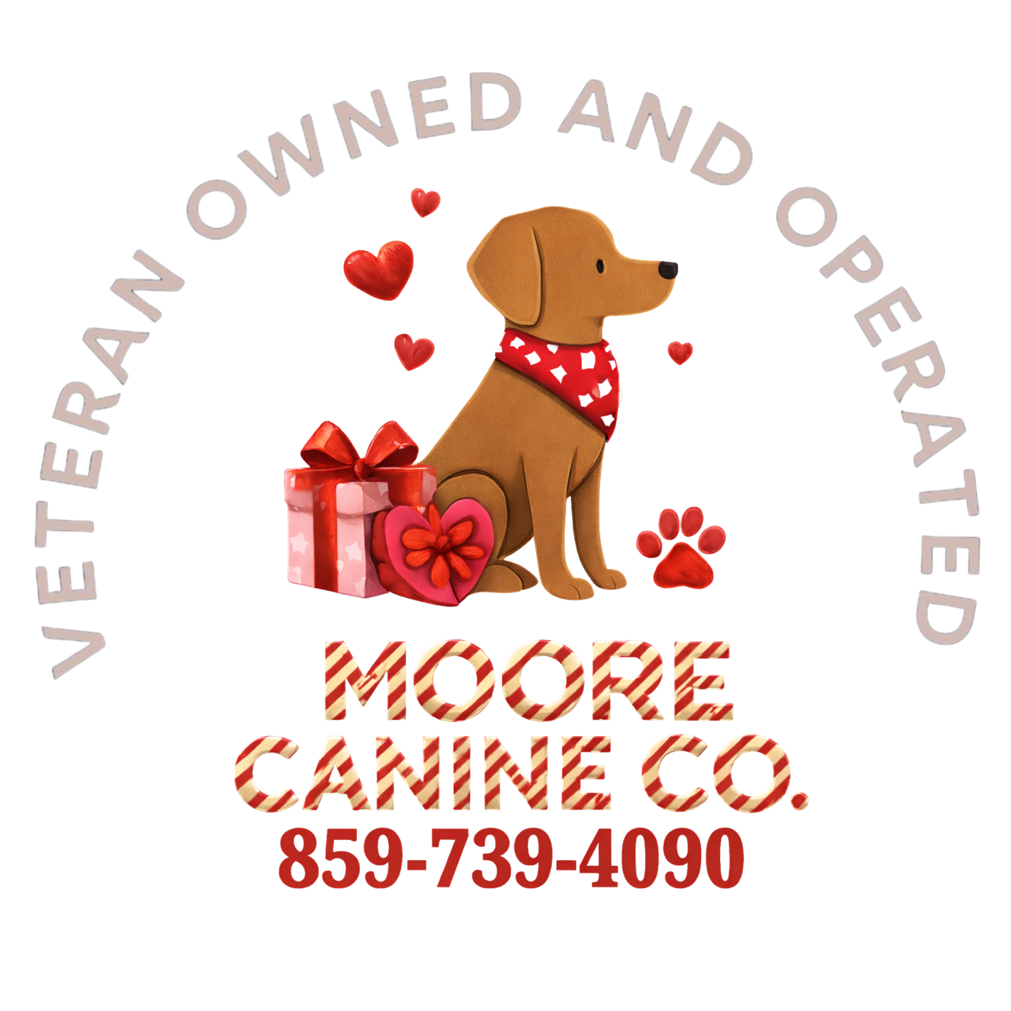 Valentine-themed graphic with a cartoon dog wearing a red bandana with white hearts, surrounded by red hearts and a gift box, with the text 'Valentine Owned and Operated' above, and '100% Canine' with a phone number below.