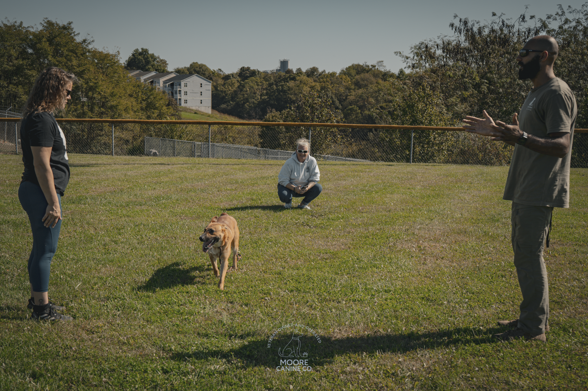 Four people and a dog in a grassy field, with trees and buildings in the background. One person is squatting, two are standing and observing, and one person is talking to the group. The dog is walking towards the standing woman.