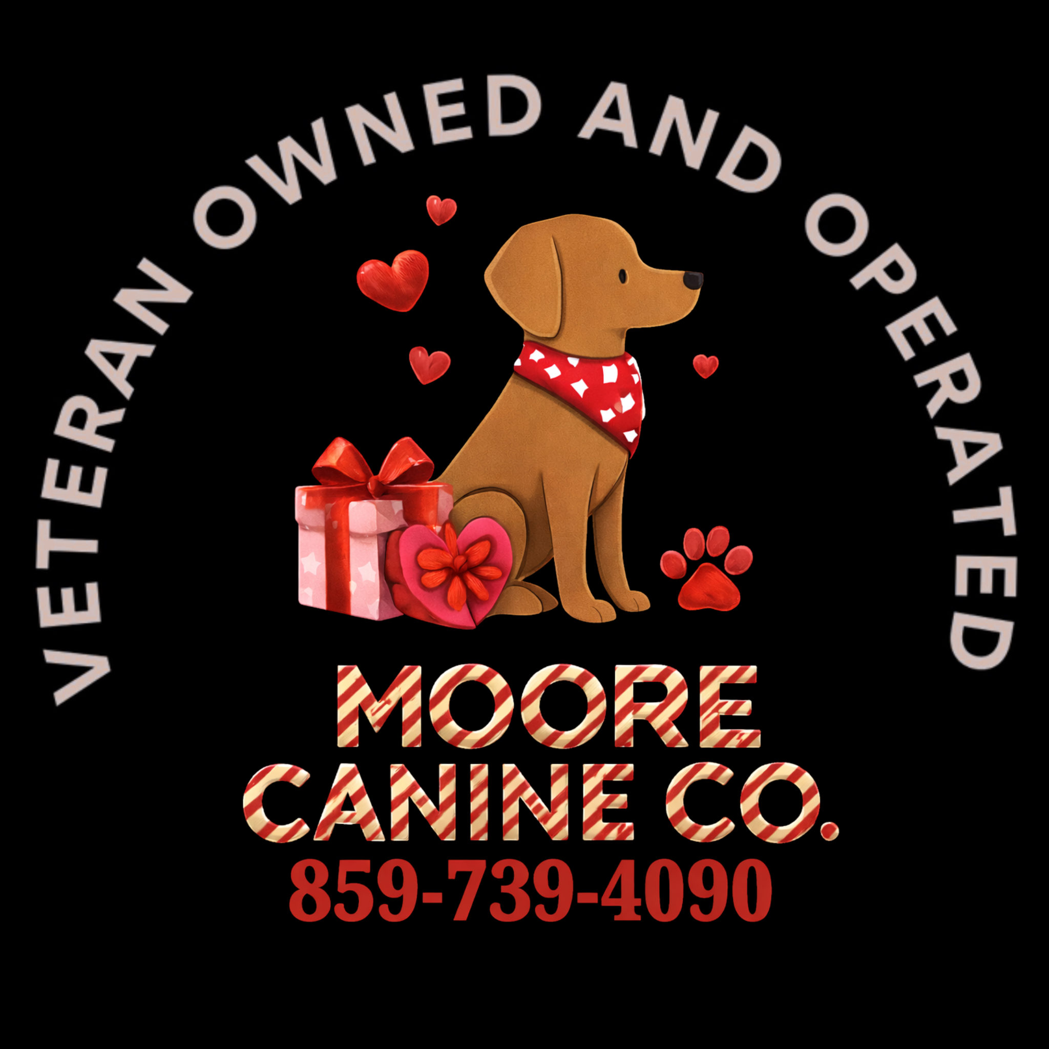 Logo for Moore Canine Company featuring a cartoon brown dog with a red bandana, surrounded by hearts, a gift box, and an address with phone number.