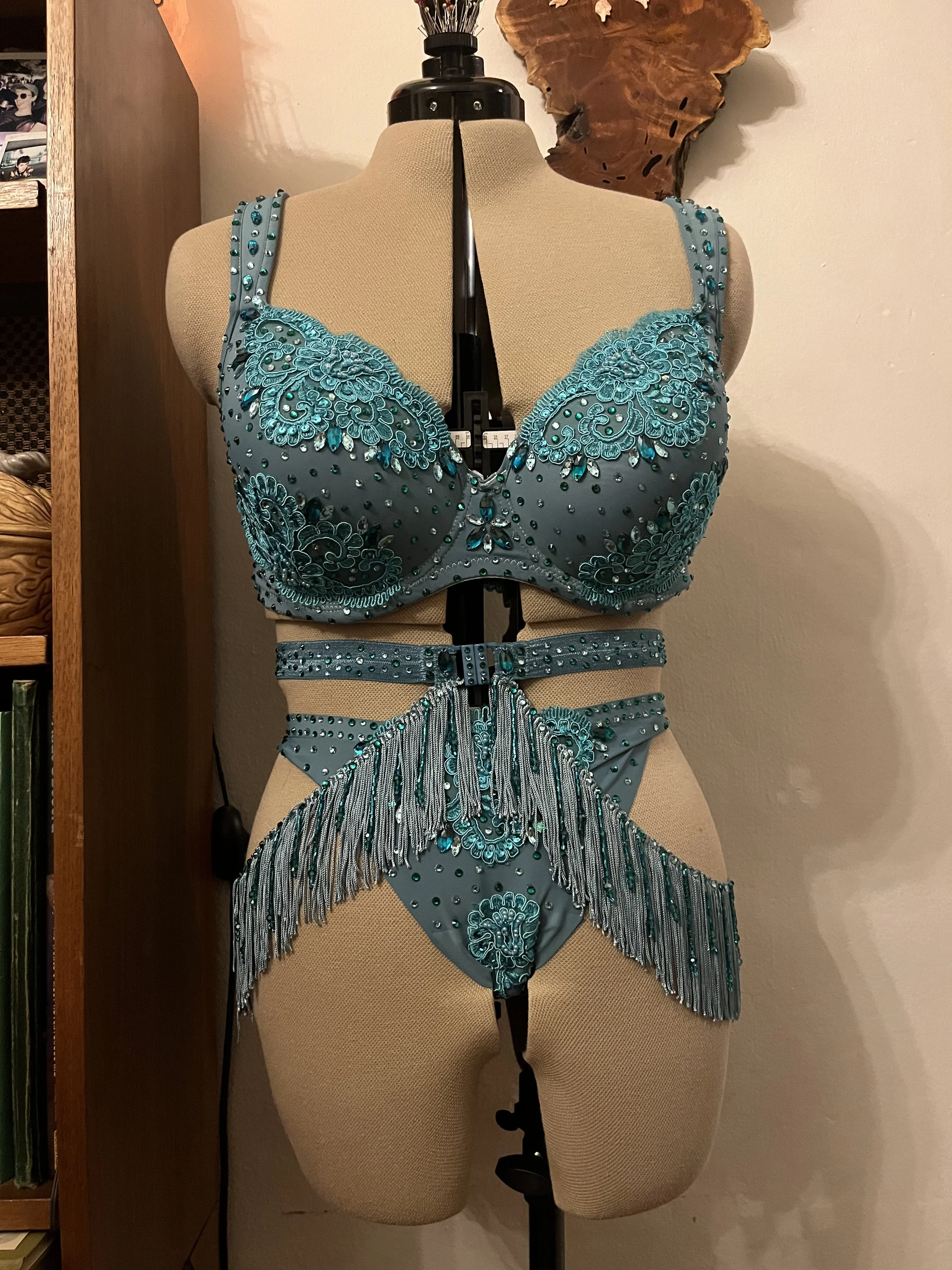 Teal Embellished Bra, Panties, and Hand Beaded Shimmy Belt