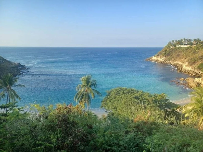 A tropical beach with clear blue water, palm trees, and rocky cliffs on the sides under a bright sky.