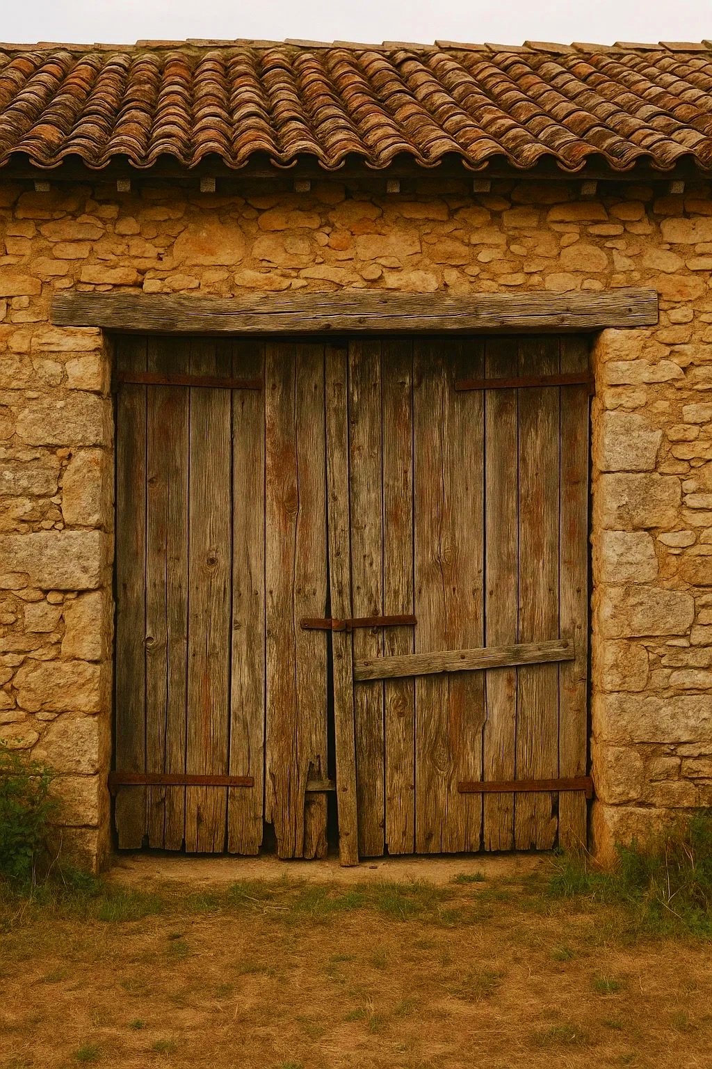 Old wooden barn door set inside a stone wall with a tiled roof.