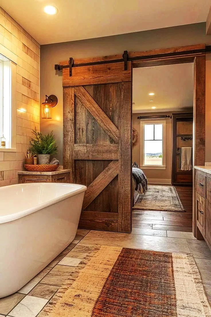 Bathroom with a freestanding bathtub, rustic sliding barn door, potted plant on a small wooden table, and wooden cabinetry. Visible bedroom with window and bed through the open doorway.