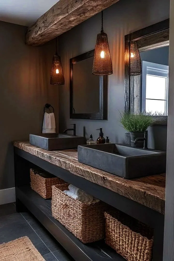 A modern bathroom with a wooden countertop and two rectangular sinks, wall-mounted mirror, hanging pendant lights, a small potted plant, and wicker baskets underneath for storage.