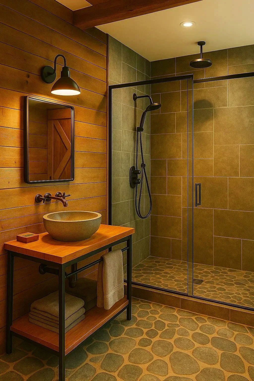A rustic bathroom with wood-paneled wall, a round stone sink on a wooden and metal vanity, a mirror, a wall-mounted light, and a walk-in shower with green and brown tiles, a rainfall and handheld showerhead.