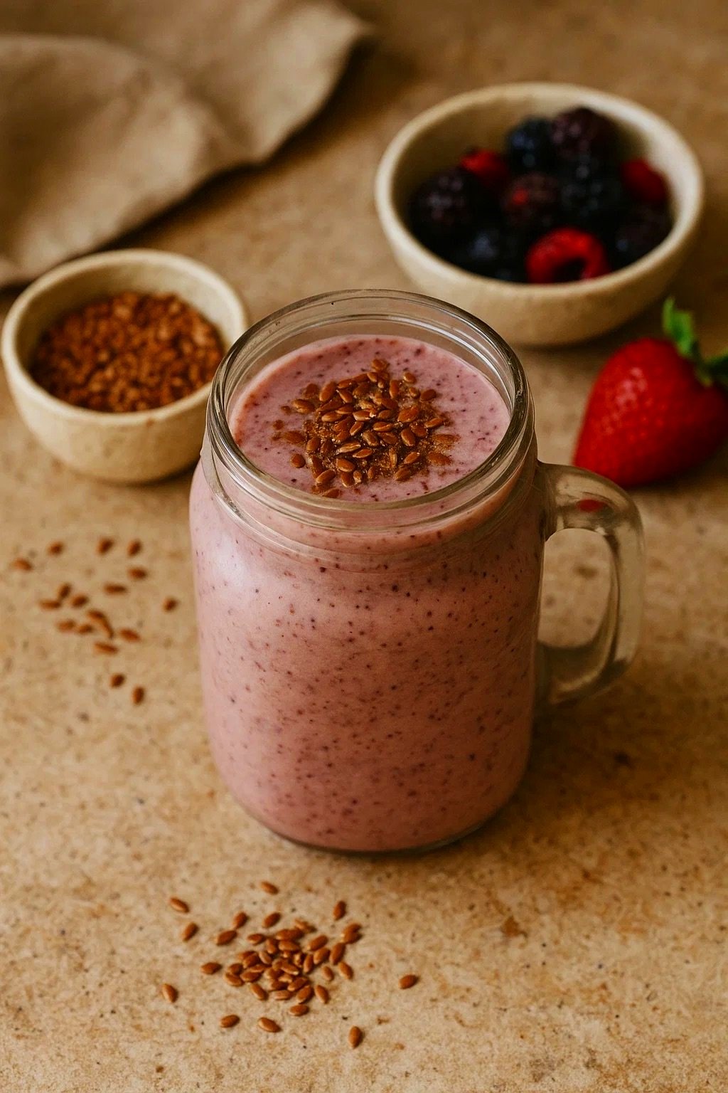 A pink berry smoothie in a glass jar with flax seeds on top, surrounded by bowls of more flax seeds, mixed berries, and a strawberry on a beige surface.