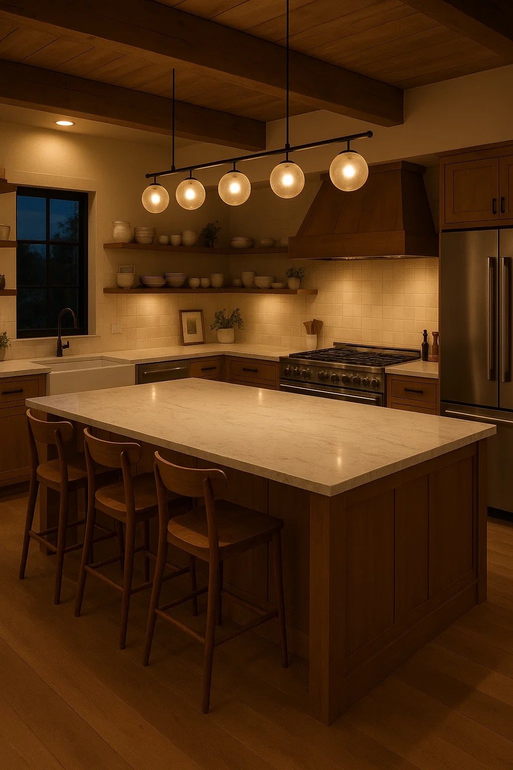 A modern kitchen with wooden cabinets, a large island with a marble countertop, and bar stools. Open shelves hold white dishes and decorative items. A pendant light fixture hangs over the island, and warm lighting creates a cozy atmosphere.