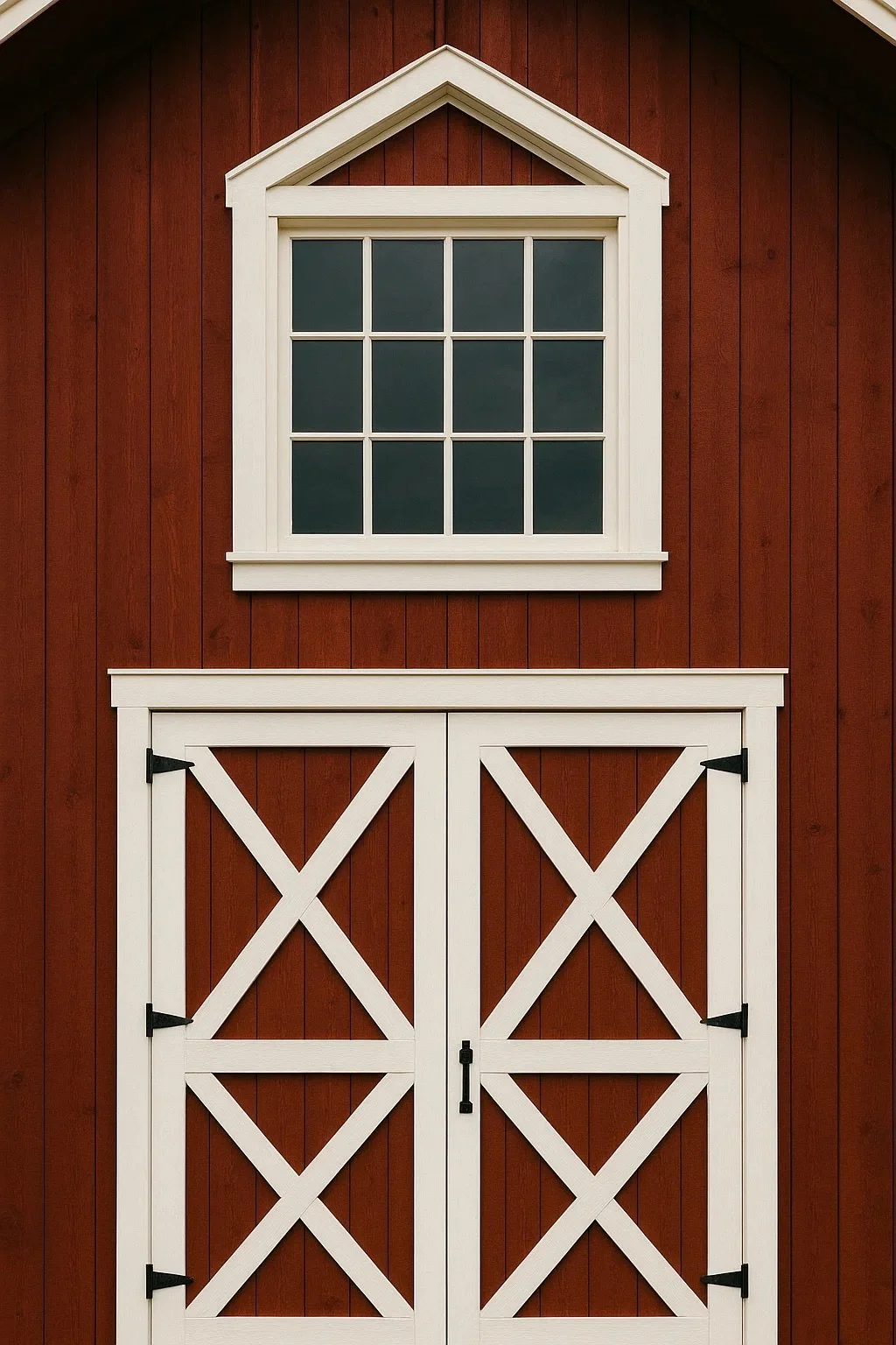 Red wooden barn with a white-framed window above a white barn door with diagonal cross braces.